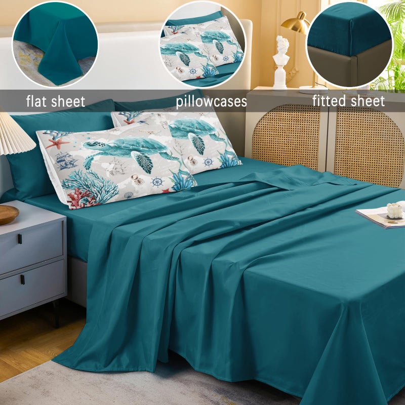 Bedbay 8 Pieces Nautical Bedding Set Sea Turtle Full Size Comforter Set with Sheets Turquoise Comforter Retro Turtle Bedding Set for Kids Boys Girls Ocean Themed Soft Fluffy Bed Set(Ocean Full) - Image 2